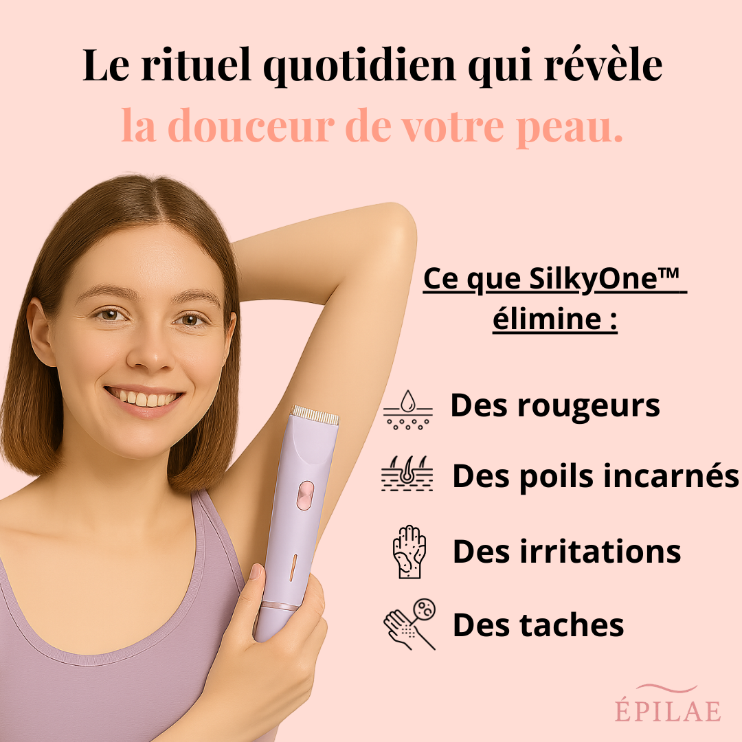 Femme utilisant le rasoir tondeuse SilkyOne™ d’Épilae – rituel beauté quotidien sans irritation
